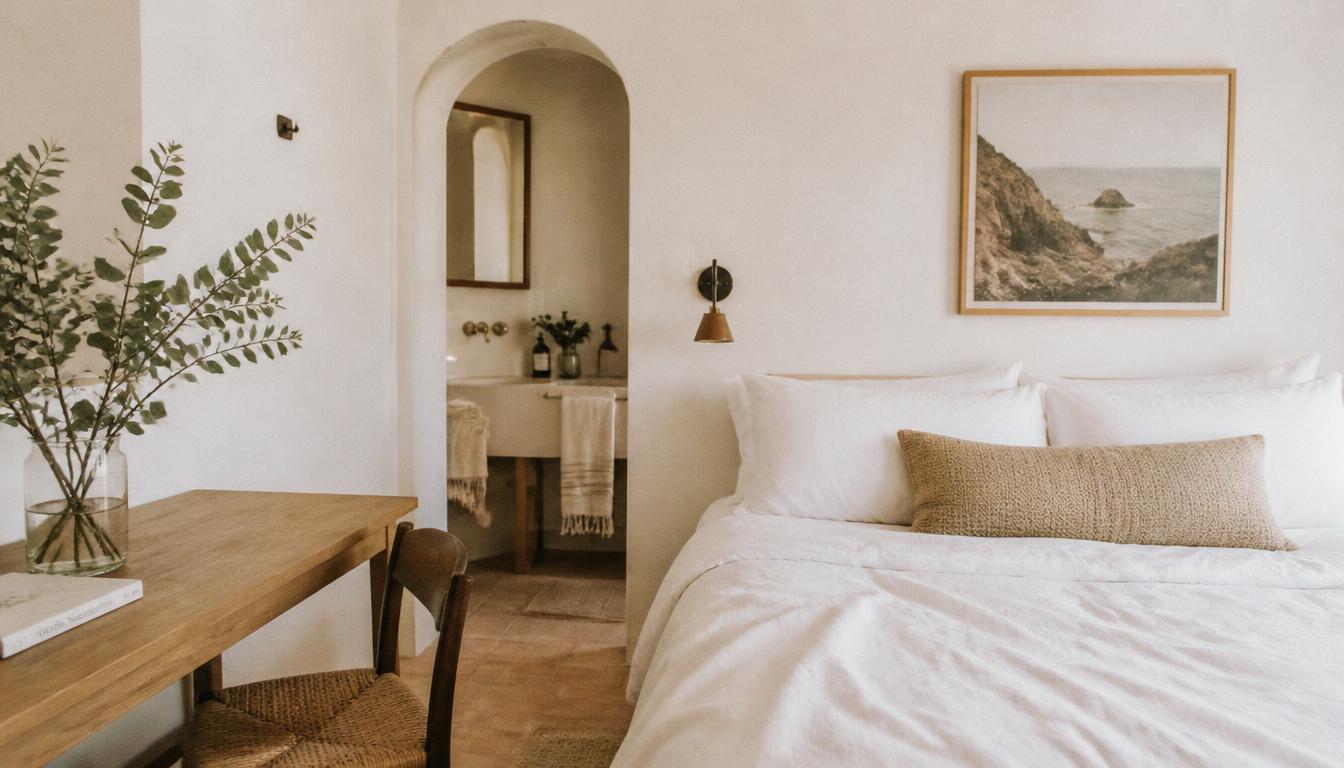 Minimalist boutique bedroom with crisp white linens and soft morning light