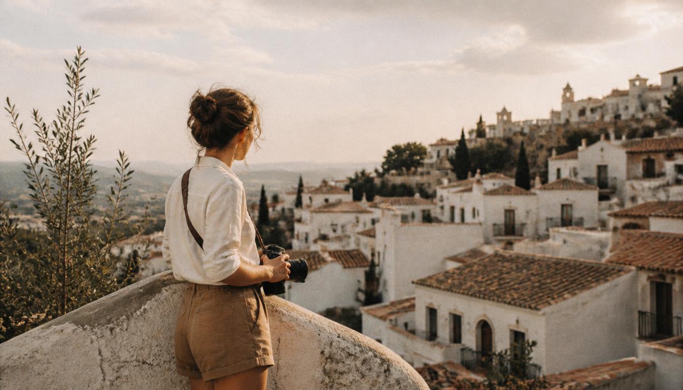 Traveler with a camera overlooking a whitewashed hill town at golden hour